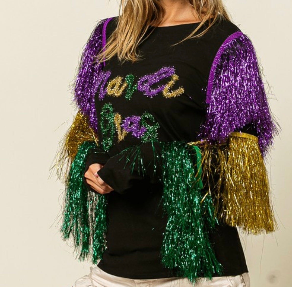 MARDI GRAS TIERED TINSEL FRINGE LETTERING KNIT TOP BLACK