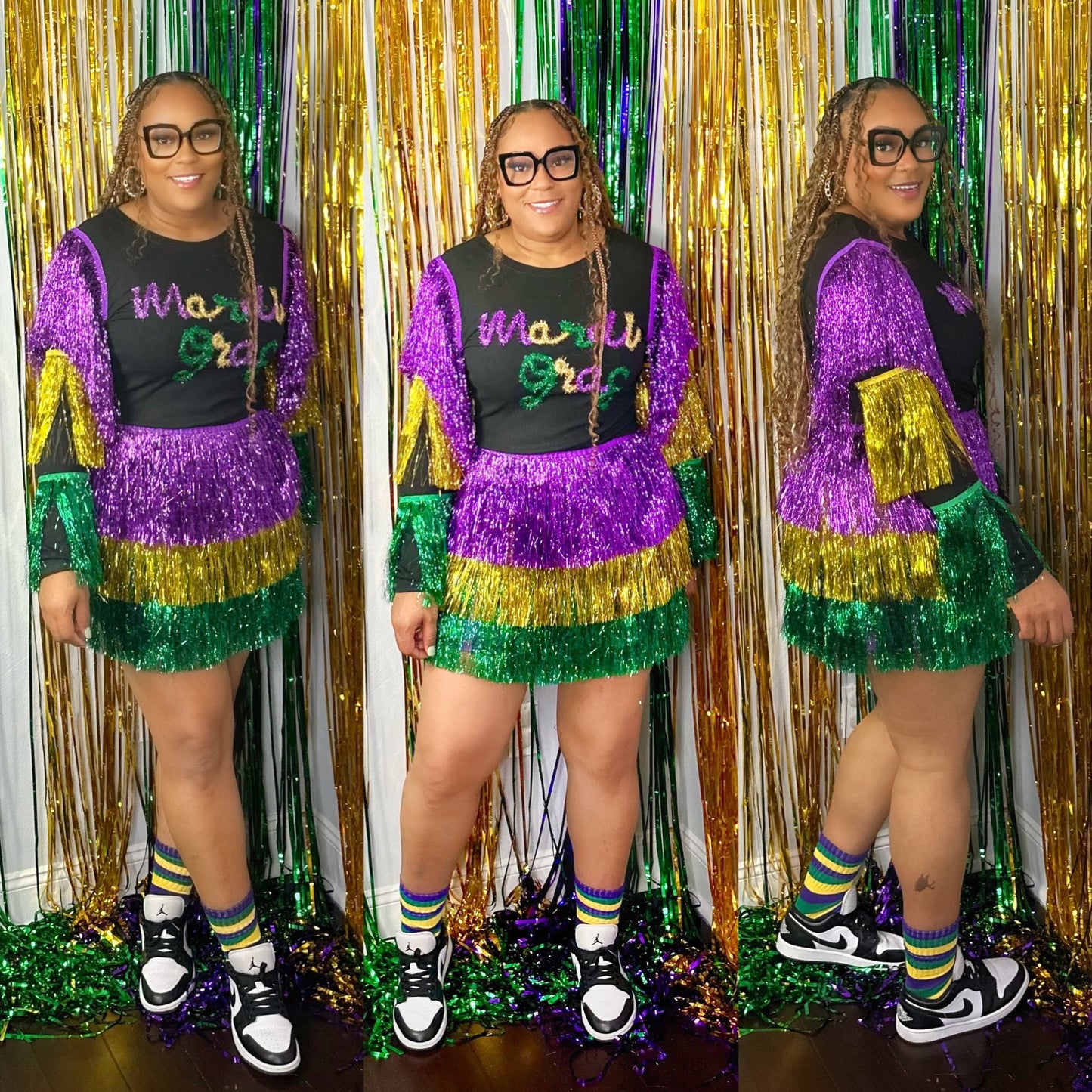 MARDI GRAS TIERED TINSEL FRINGE LETTERING KNIT TOP BLACK