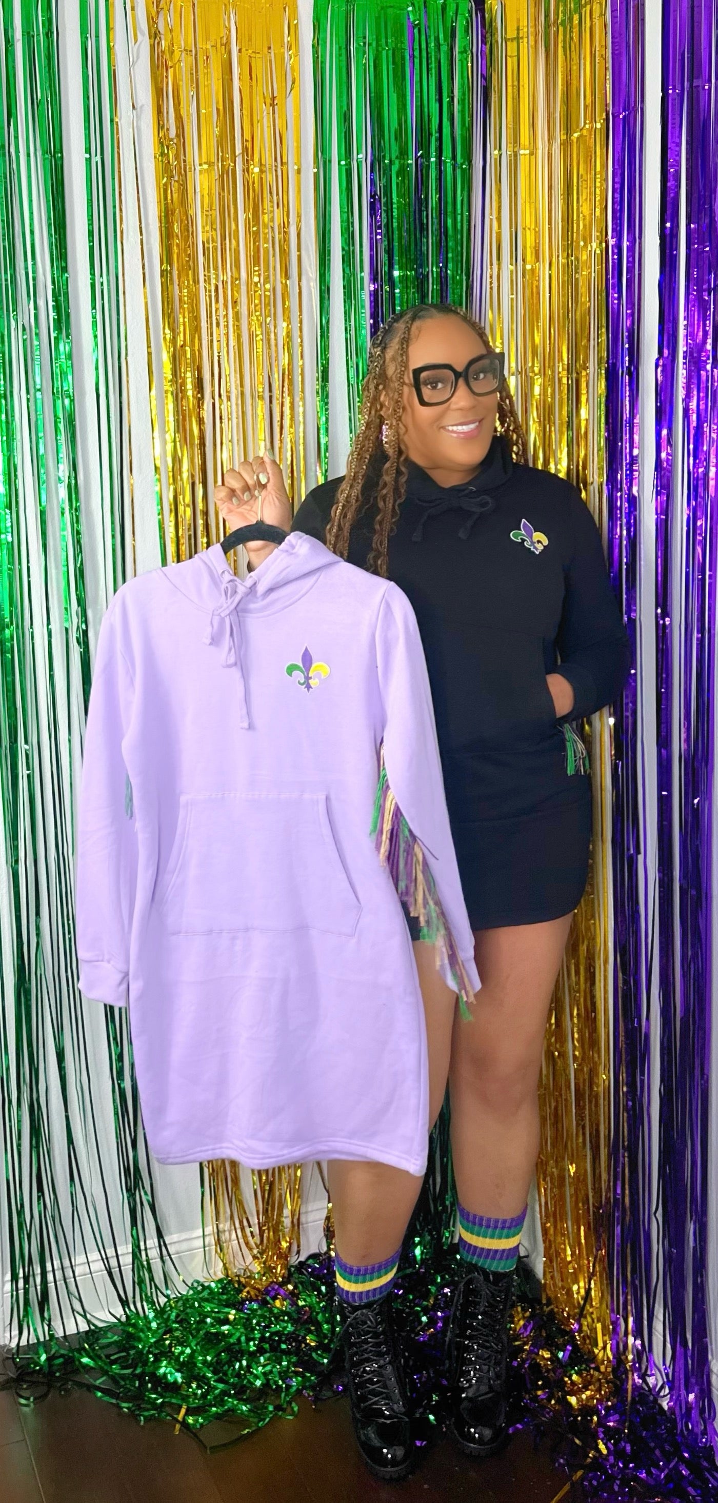 Mardi Gras Fringed Sleeve Hoodie Dress