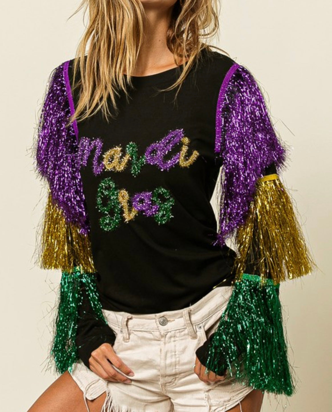 MARDI GRAS TIERED TINSEL FRINGE LETTERING KNIT TOP BLACK