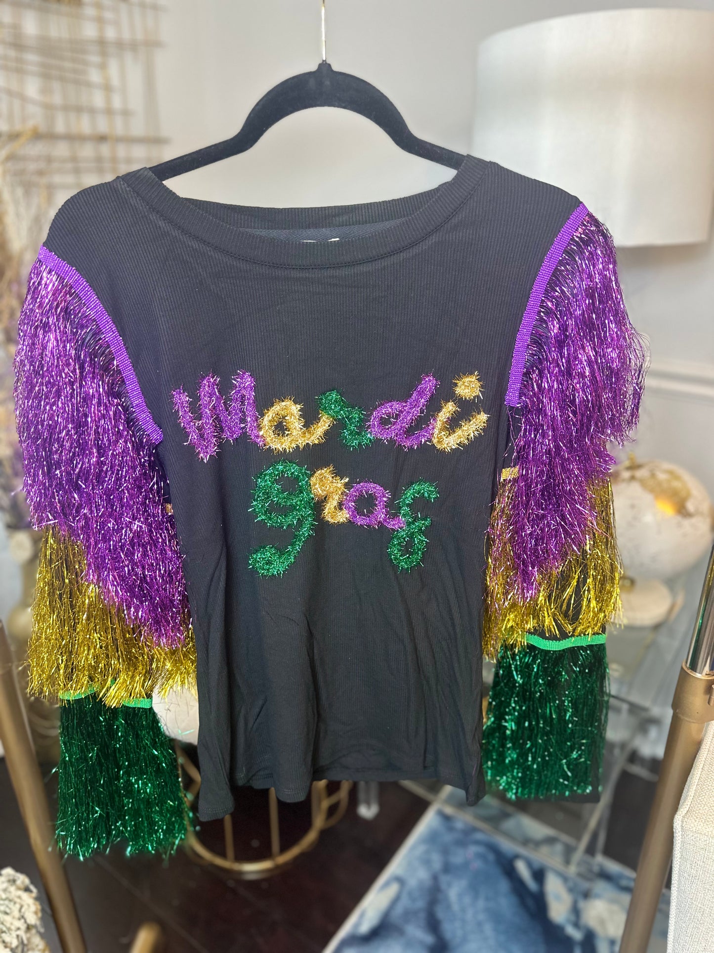 MARDI GRAS TIERED TINSEL FRINGE LETTERING KNIT TOP BLACK