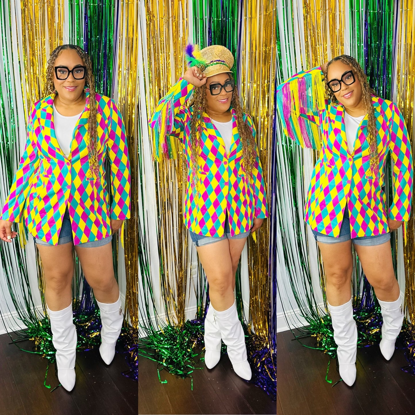MARDI GRAS DIAMOND PATTERN FRINGED SLEEVE SINGLE BLAZER