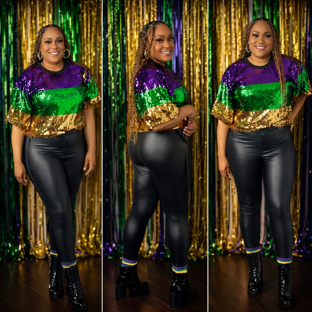 Woman wearing a Purple ,Green and Gold sequin Mardi Gras top and black pants against a glittery curtain background