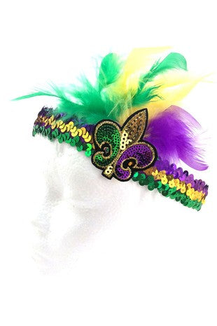 Mardi Gras Sequin Fleur De Lis Feather Headband ETA