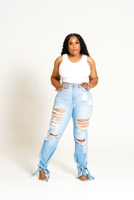 High Rise Ankle Tied Jeans w/Destruction