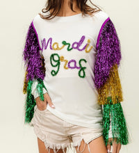MARDI GRAS TIERED TINSEL FRINGE LETTERING KNIT TOP WHITE