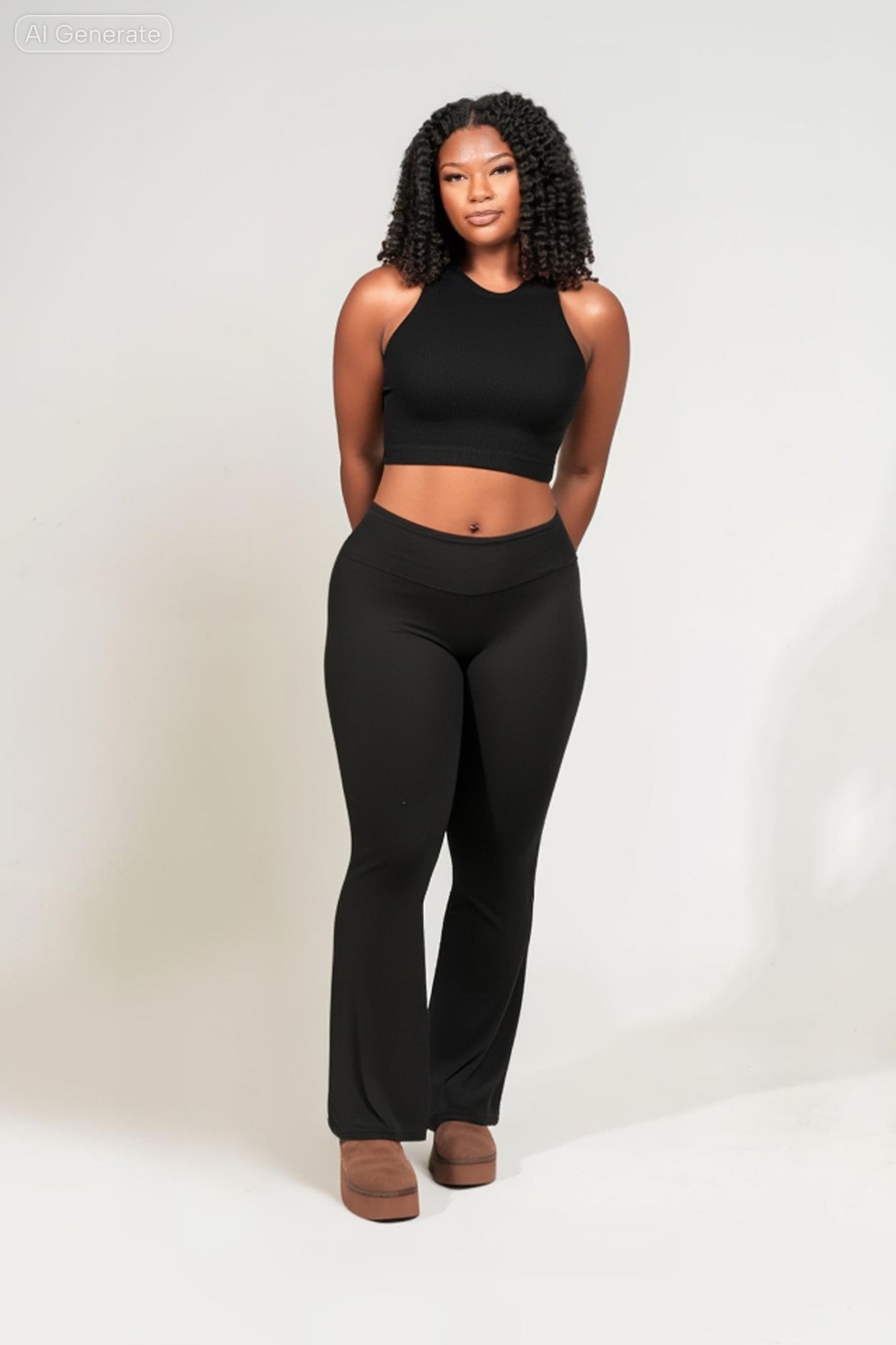 Woman wearing a black outfit on a white background. Buttery_Soft_Flare_Leg_High_Waist_Yoga_Pants._black