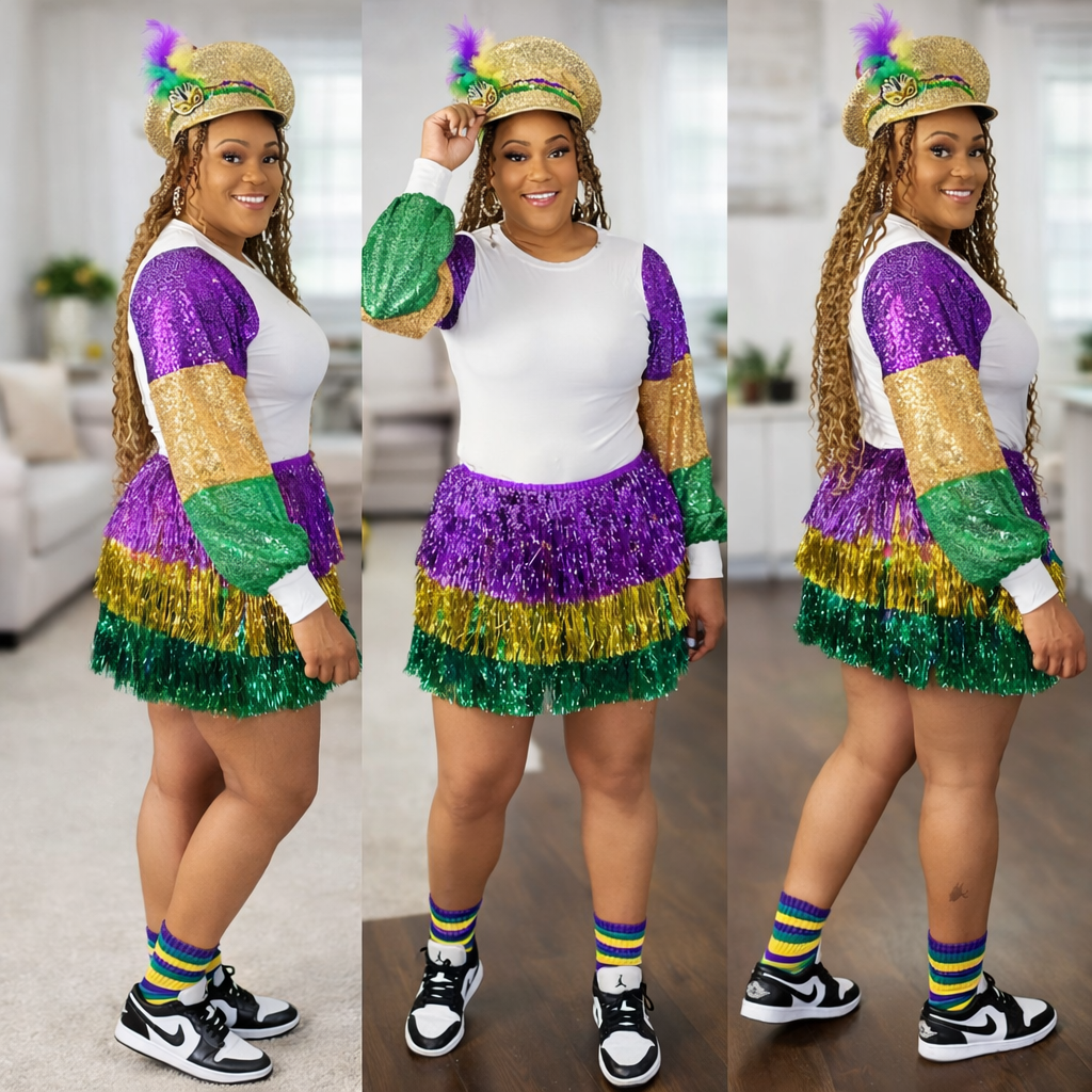 Mardi Gras Ballon Sequin Sleeve Top