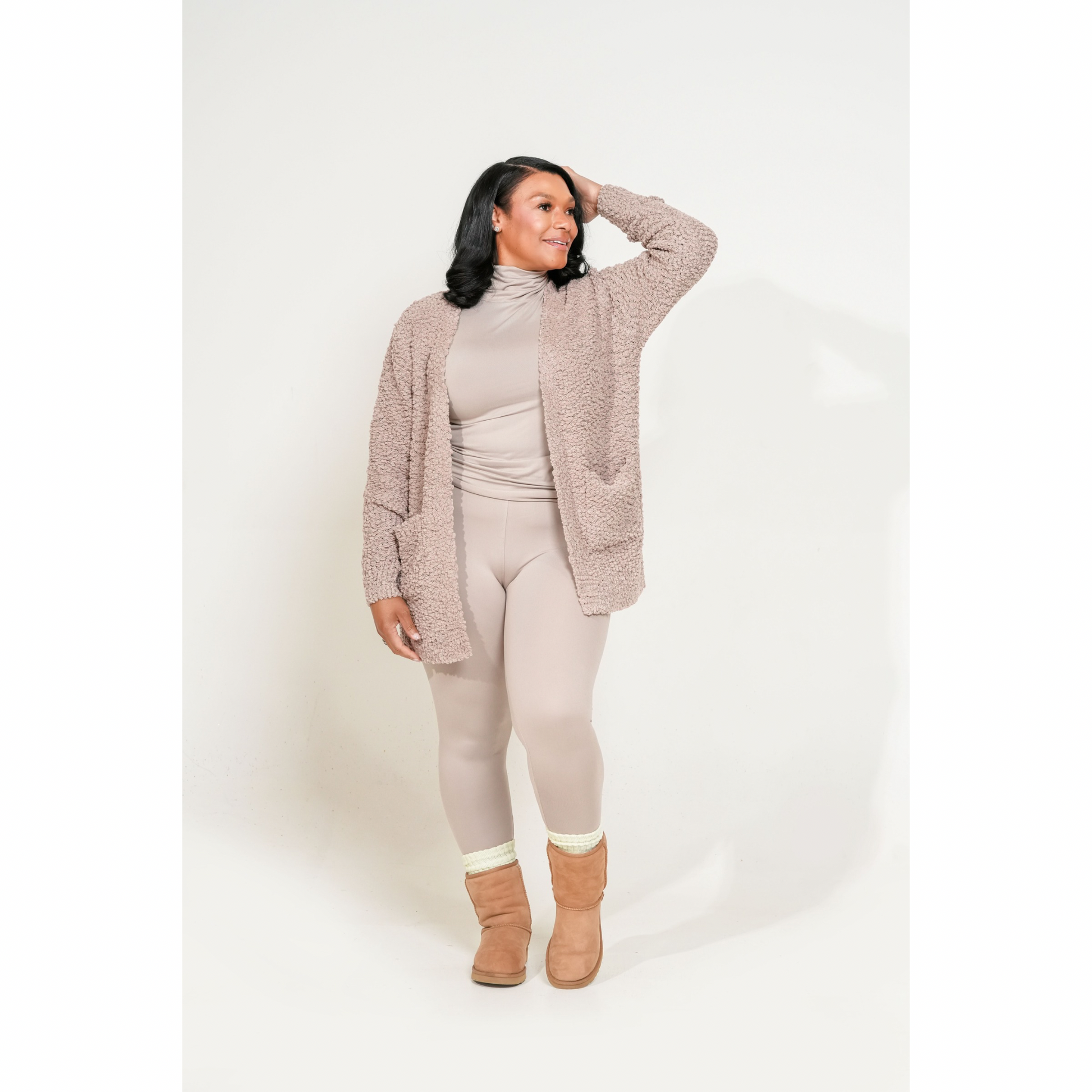 LONG SLEEVE POPCORN SWEATER CARDIGAN WITH POCKETS. ash mocha