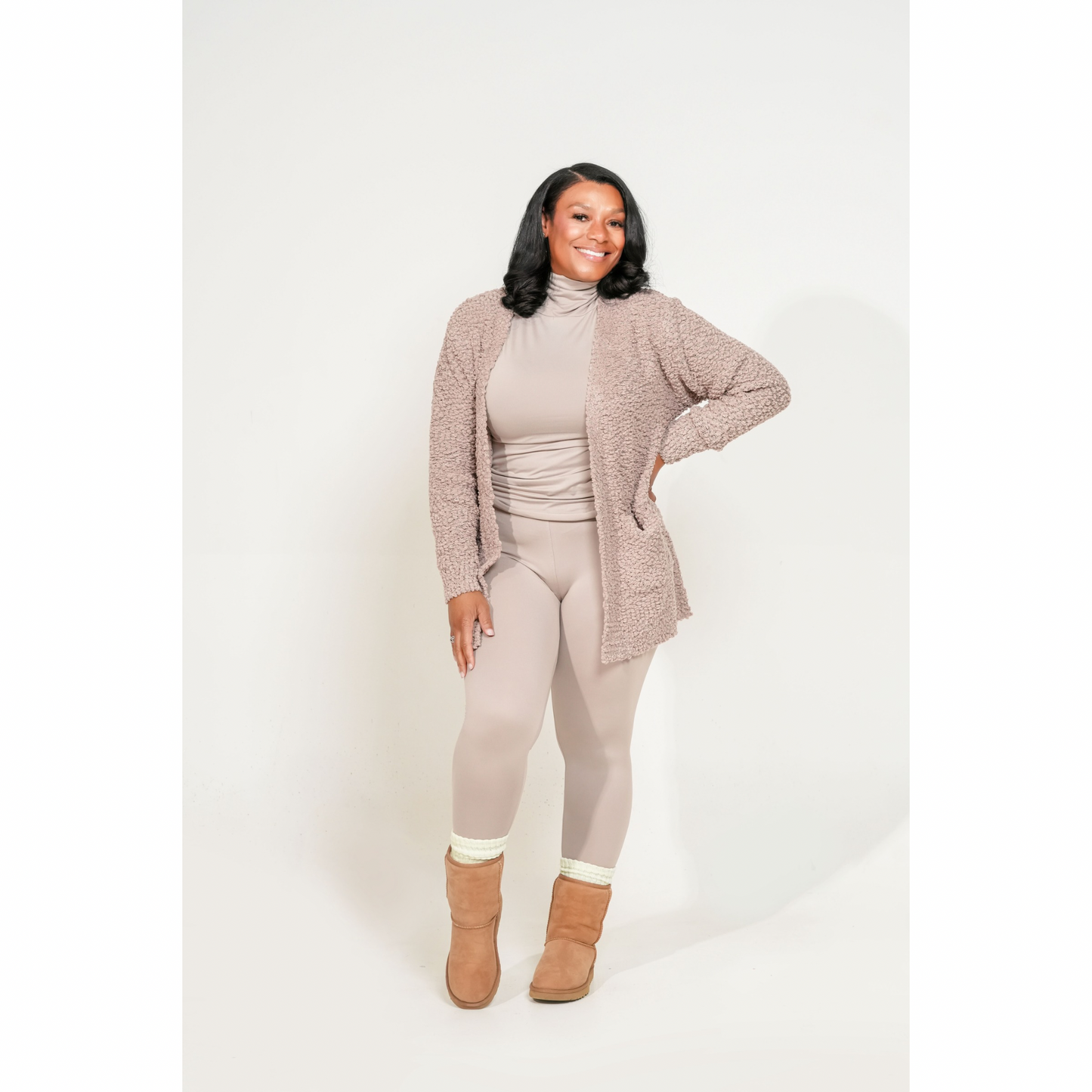 LONG SLEEVE POPCORN SWEATER CARDIGAN WITH POCKETS. ash mocha