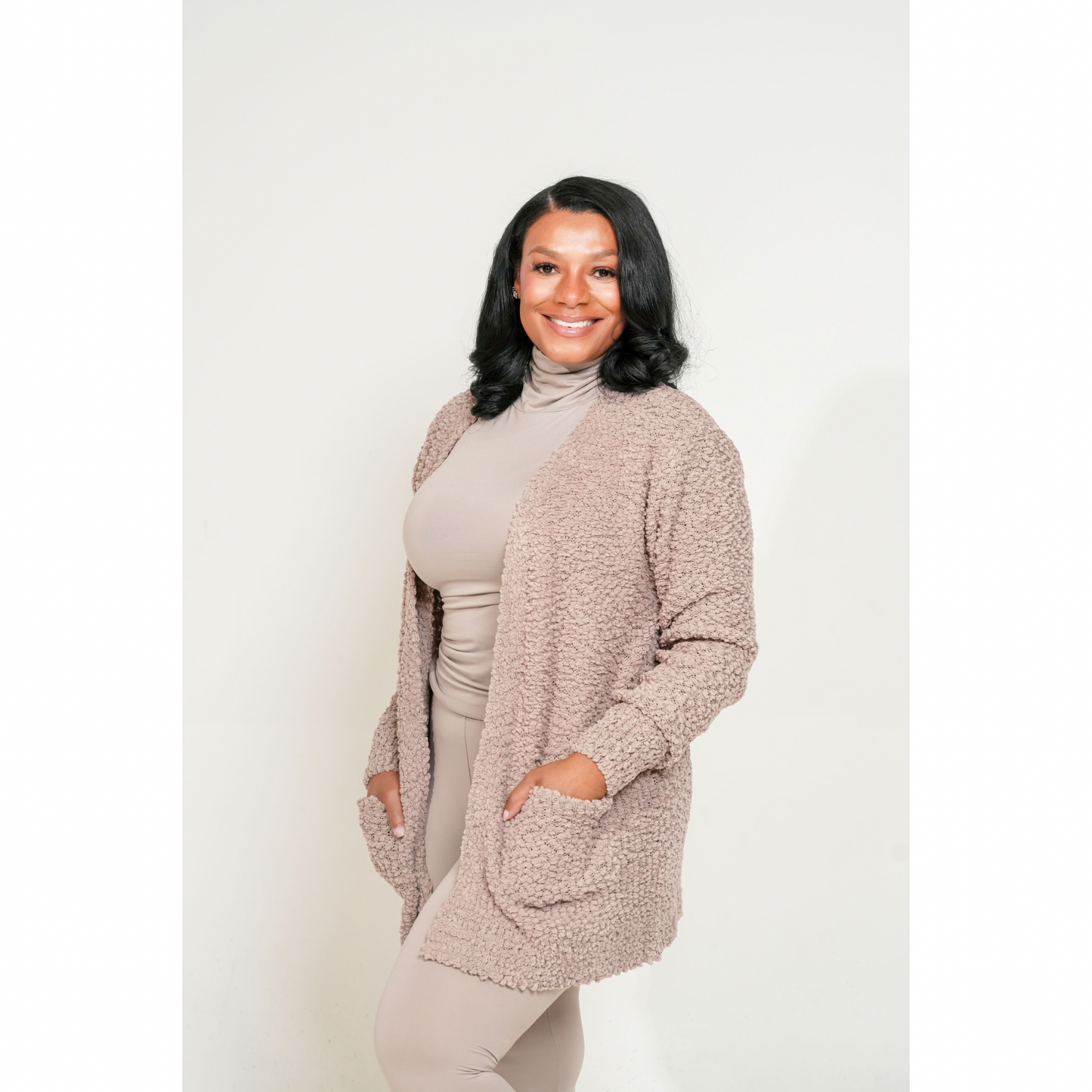 LONG SLEEVE POPCORN SWEATER CARDIGAN WITH POCKETS. ash mocha