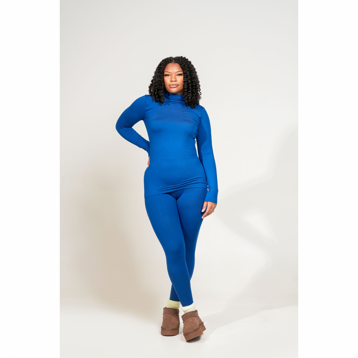 MICROFIBER MOCK NECK TOP & LEGGINGS SET. LT NAVY