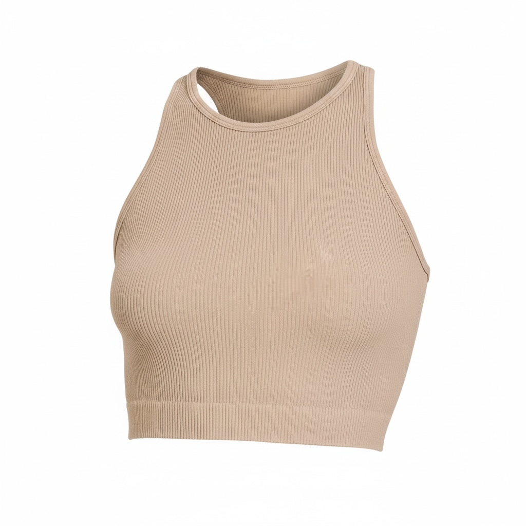 Beige ribbed crop top on a white background. RIBBED SEAMLESS HIGH-NECK CROPPED TANK TOP. BLACK, ASH mocha, sand beige