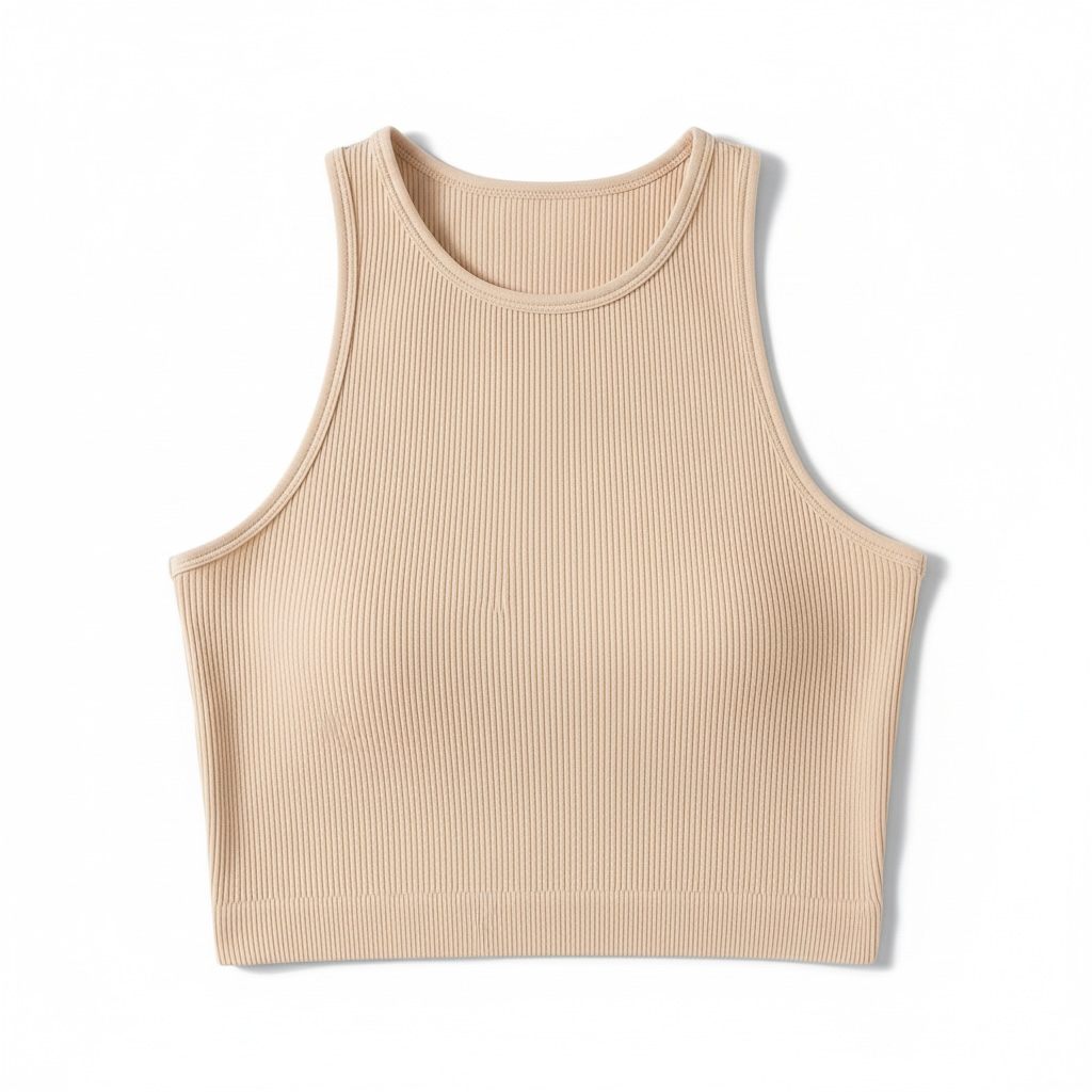 Beige ribbed tank top on a white background. RIBBED SEAMLESS HIGH-NECK CROPPED TANK TOP. BLACK, ASH mocha, sand beige