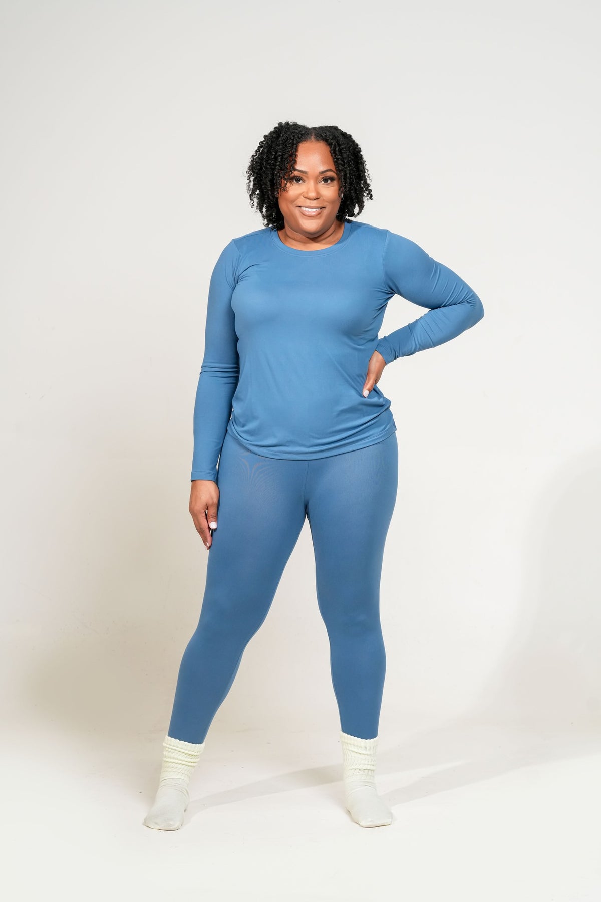 Throw & Go Long-Sleeve Round-Neck Leggings Set (Dusty Blue)