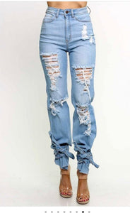 High Rise Ankle Tied Jeans w/Destruction